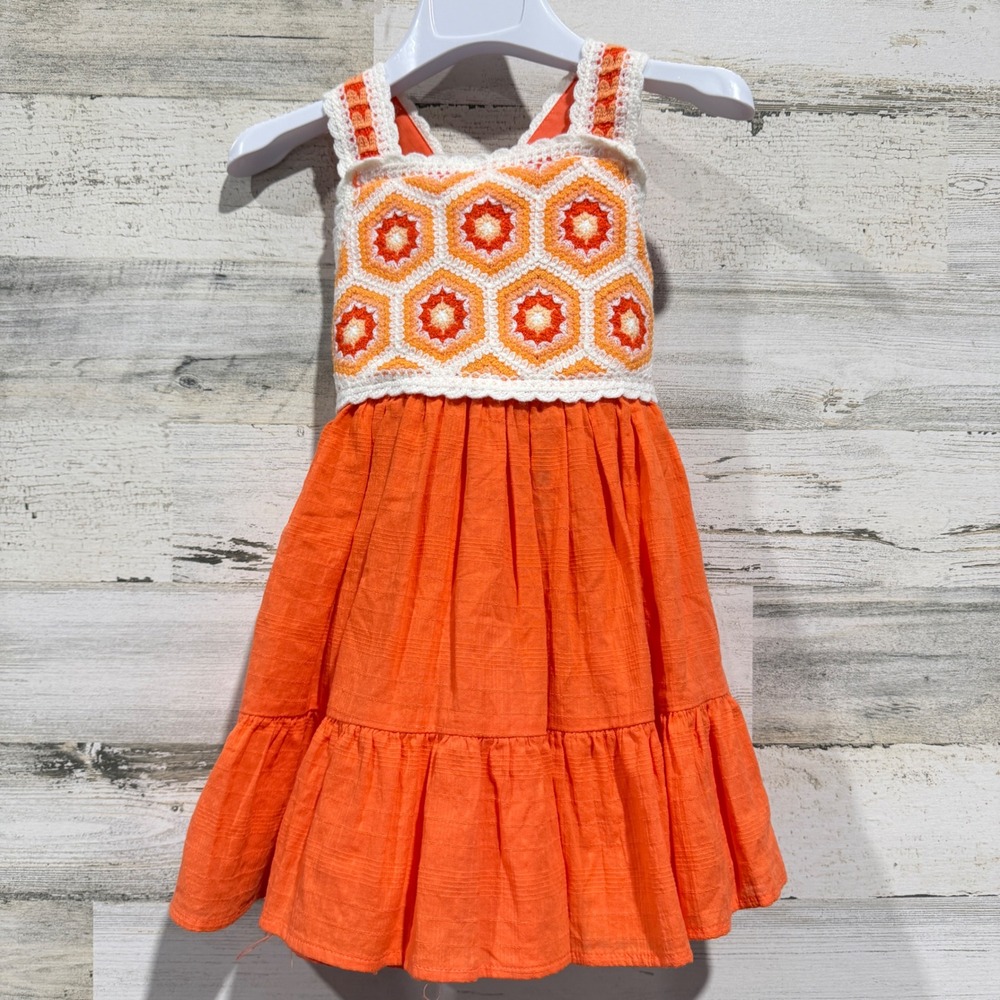 Haute Hippie Dress Girls 3T Orange Crochet Hexagon Boho Festival EUC